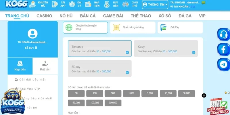Chọn nạp qua chuyển khoản